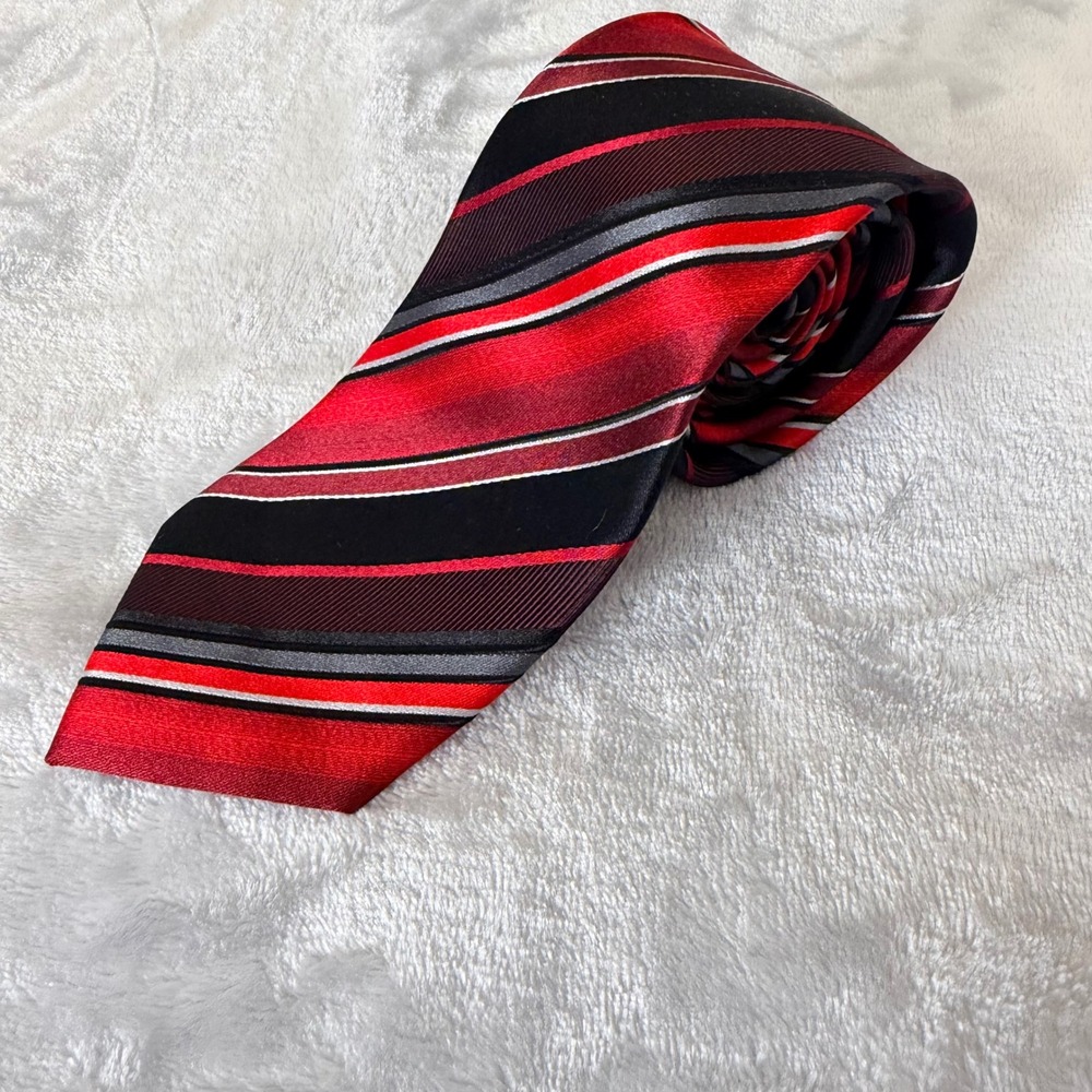 Alfani Mens Silk Tie Red Black Gray Striped Hand Made Necktie Formal